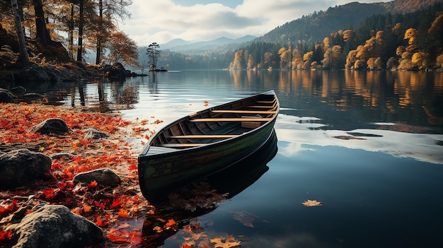 Colorful autumn landscapeNature backgroundBoat on the lake in the autumnal forest
