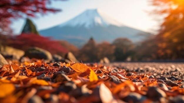 写真 フジ山の背景に彩る秋の葉の春generative ai