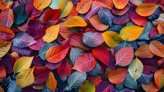 Photo colorful autumn leaves background red orange yellow green blue and purple leaves seamless texture