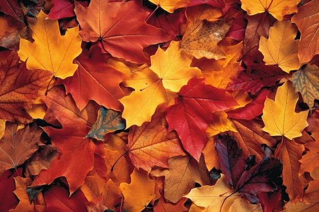 Colorful autumn leaves background Top view of fallen maple leaves