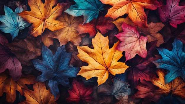 色とりどりの秋の葉 細かい質感とオーバーレイのスペース