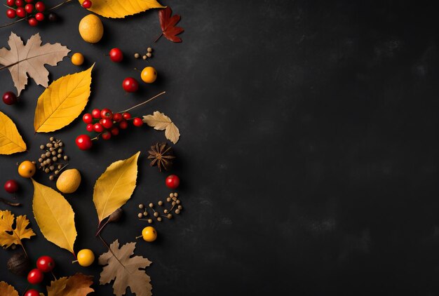 Foto foglie autunnali colorate e frutta su uno sfondo nero scattate nello stile di sfondi minimalisti