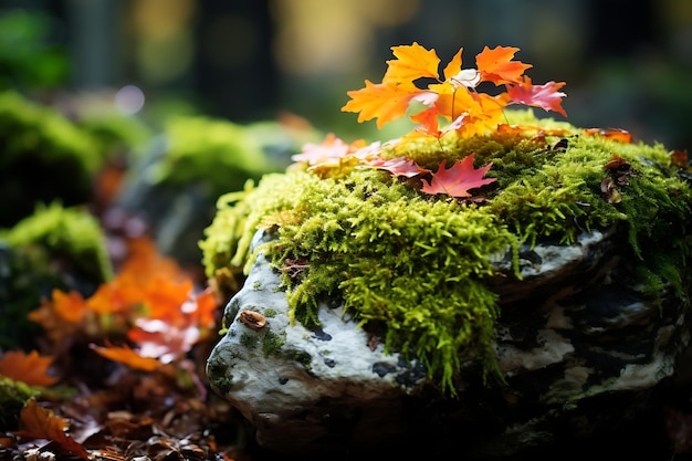 茂みで覆われた岩の上に色とりどりの秋の葉