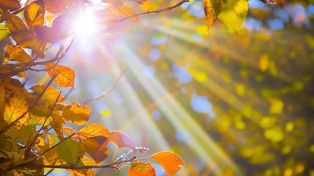 Colorful autumn leaves in rays of sunlight