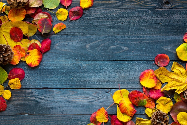 Colorful autumn leaves, over a wooden background