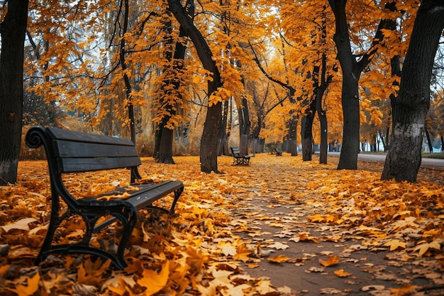 Colorful autumn maple trees fallen leaves path bench in park