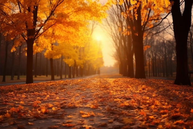 Photo colorful autumn park scene golden trees sunlight leaves falling naturally