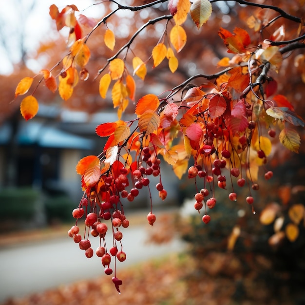 A colorful autumn scene showing red and yellow leaves