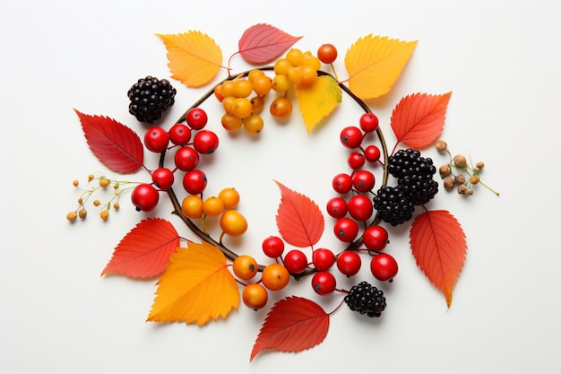 Colorful autumn scene viburnum rowan berries dogrose leaves on white