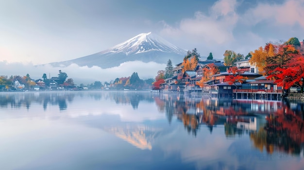 Photo the colorful autumn season and mount fuji with its morning mist and red leaves at lake kawaguchiko are among the best in japan