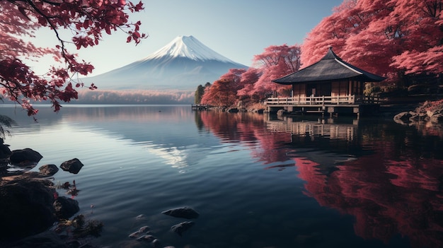 Colorful Autumn Season and Mountain Fuji with morning fog and red leaves at lake Kawaguchiko is one