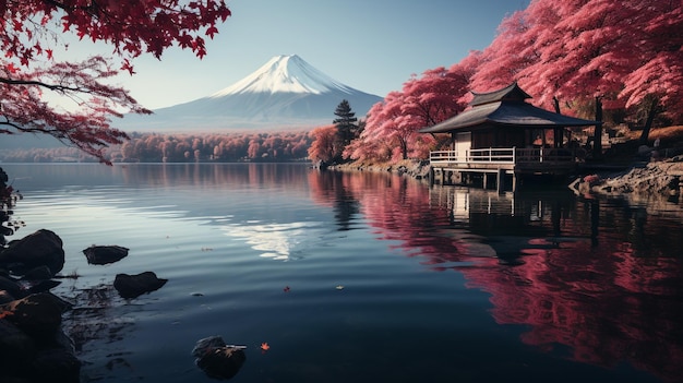 色鮮やかな秋の季節と朝霧と紅葉の河口湖の山富士がひとつ