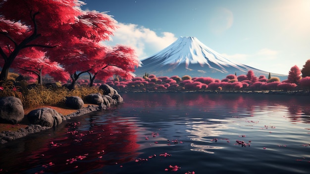色鮮やかな秋の季節と朝霧と紅葉の河口湖の山富士がひとつ