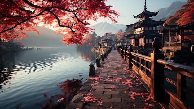 色鮮やかな秋の季節と朝霧と紅葉の河口湖の山富士がひとつ