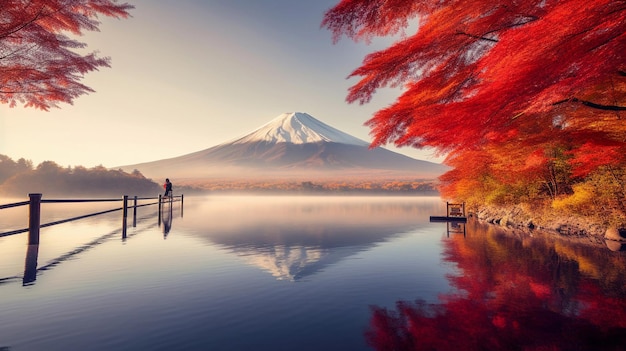 Colorful autumn season and mountain fuji with morning fog and red leaves at lake kawaguchiko japan