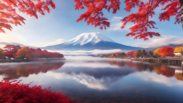 カラフルな秋の季節と朝の霧と赤い葉の富士山 カワグチコ湖