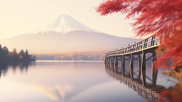 色とりどりの秋の季節と朝の富士山