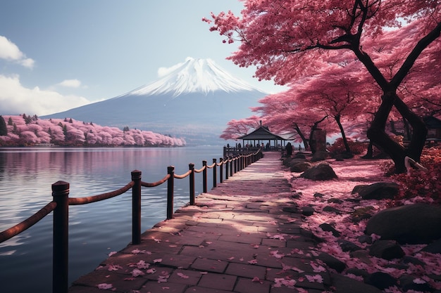 色とりどりの秋の季節と朝の富士山