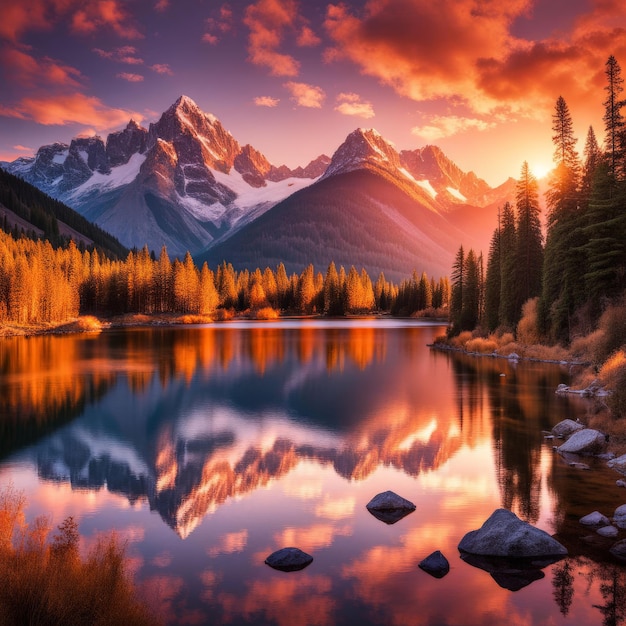 色とりどりの秋の日の出湖の山々で朝に色とりの秋の日出