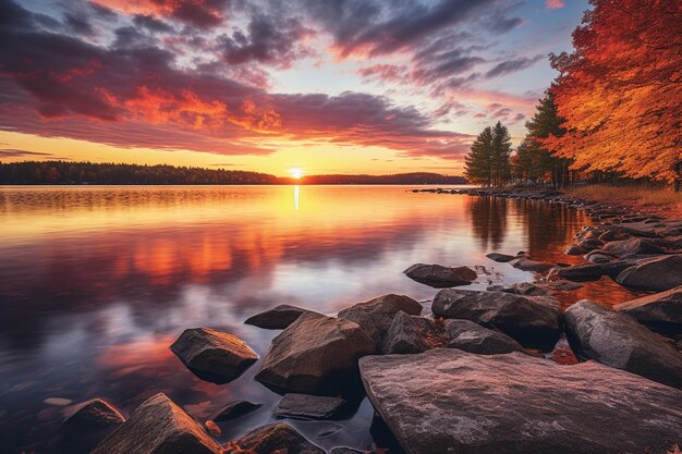 Colorful autumn sunset over the lake