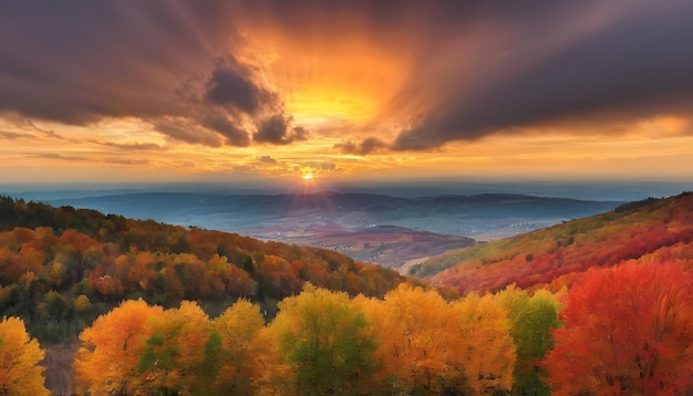 Colorful autumn sunset with sun rays coloring the clouds