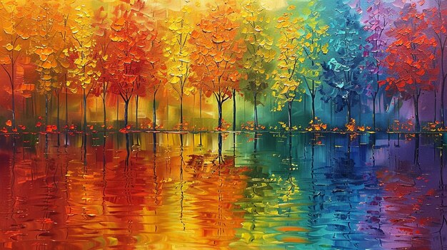 colorful autumn trees rainbow colors oil painting reflecting in water