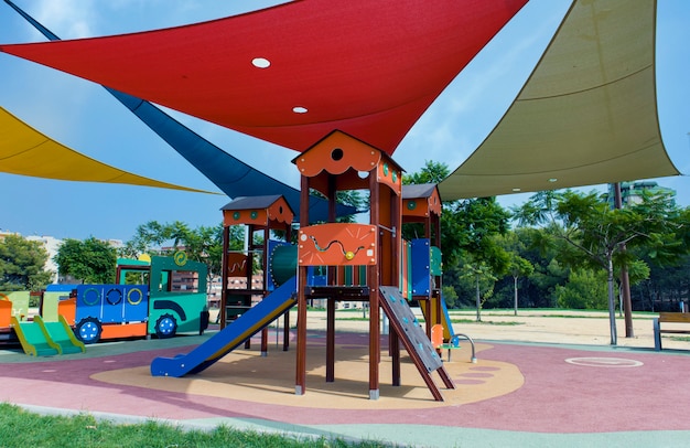 Colorful awnings in childrens playground to protect from the suns rays