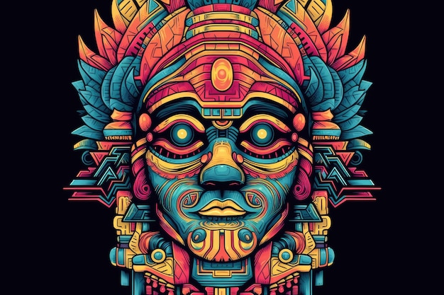 Colorful Aztec Face Statue Illustration Ethnic Heritage Traditional Historic Central American