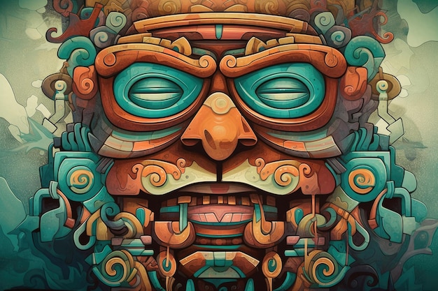 Colorful Aztec Face Statue Illustration Ethnic Heritage Traditional Historic Central American