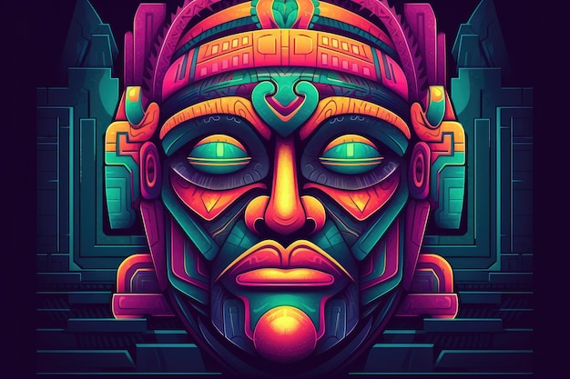 Colorful Aztec Face Statue Illustration Ethnic Heritage Traditional Historic Central American