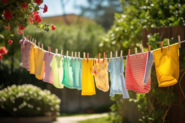 Colorful baby clothes hang on a clothesline outside in the garden in the sun after washing