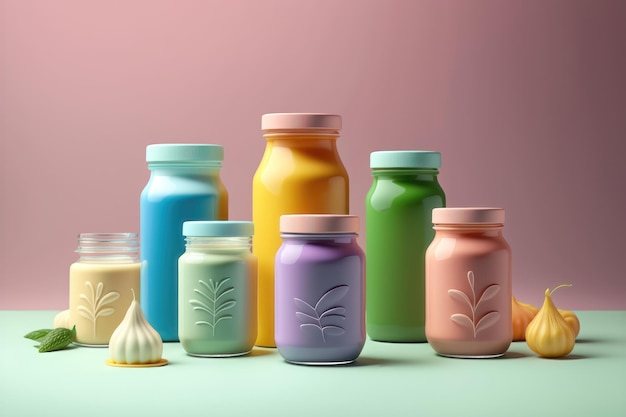 Colorful baby food purees in glass jars AI generation