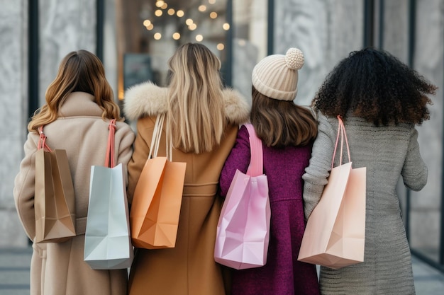 カラフルなバックビュー 4人の女性のショッピングバッグ アイを生成する