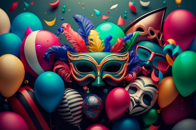 Colorful background carnival festival mask and balloon Generative AI