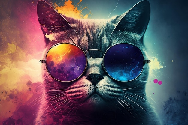 На красочном фоне кот в солнцезащитных очках выглядит круто AI