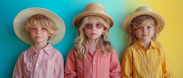 On a colorful background a collage of cute kids poses in stylish outfits