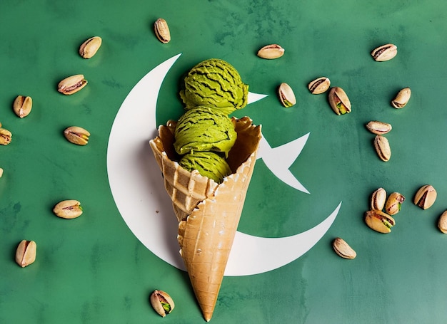 On a colorful background a hand with ice cream in the form of the flag of Pakistan