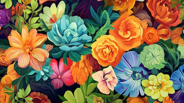 Foto sfondo colorato di molti fiori colorati di diversi tipi e foglie verdi natura illustrazione