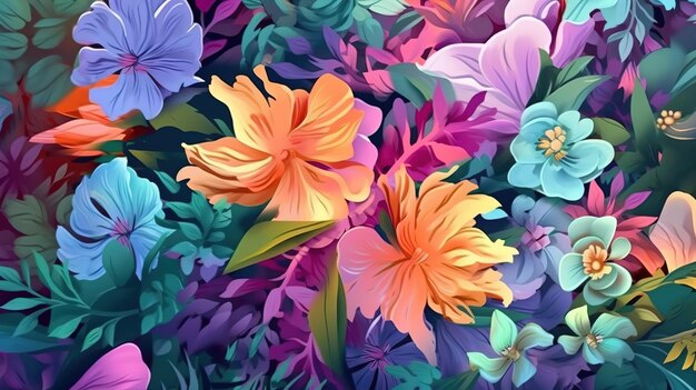 Colorful background of many colored flowers of different types and green leaves nature illustration