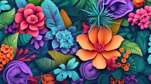 さまざまな種類の多くの色の花と緑の葉の自然イラストのカラフルな背景
