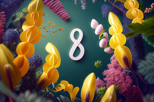 Colorful background of meadow flowers and number 8 in the middle March 8 concept Generative ai