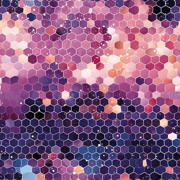 A colorful background of a purple and blue hexagon with a white cloud in the middle