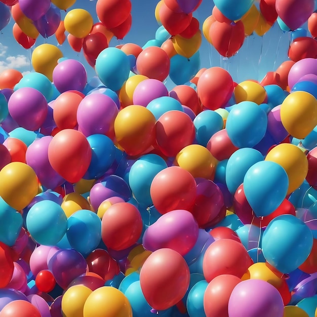 A colorful background with balloons and a blue sky in the background