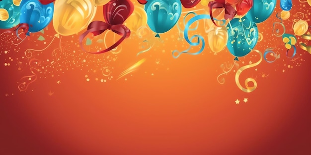 A colorful background with balloons and confetti.