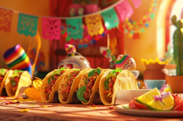 A colorful background with a banner and a table with four tacos and a pineapple