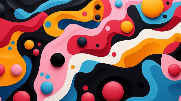 A colorful background with black balls