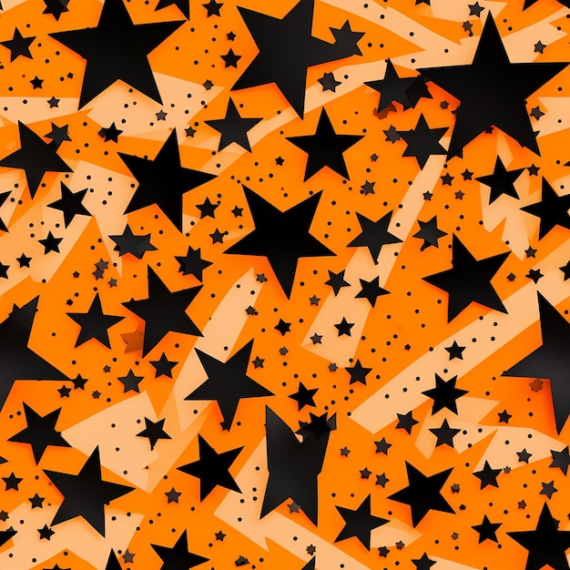 A colorful background with black stars and orange and white stars.