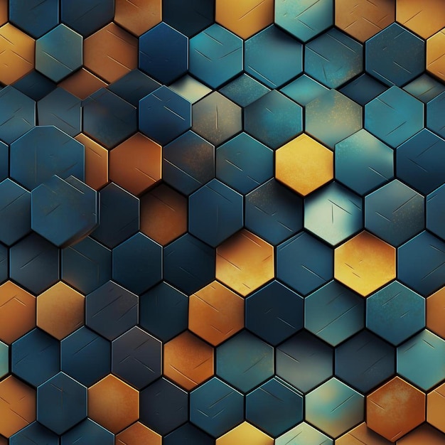 A colorful background with a blue and orange hexagonal pattern.