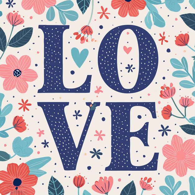 Photo a colorful background with a blue and pink flowers and the word love in the middle