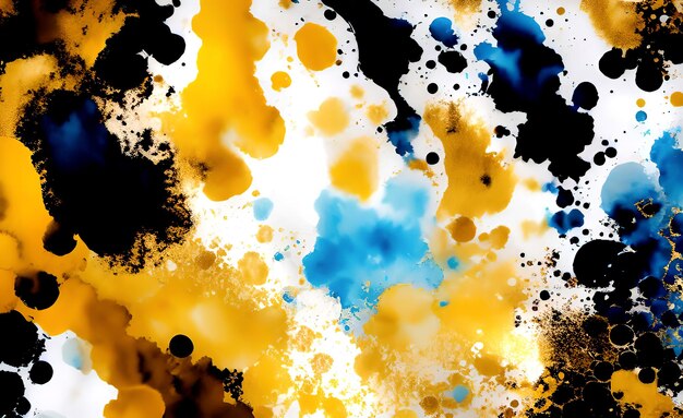 A colorful background with blue, yellow, and black paint splatters